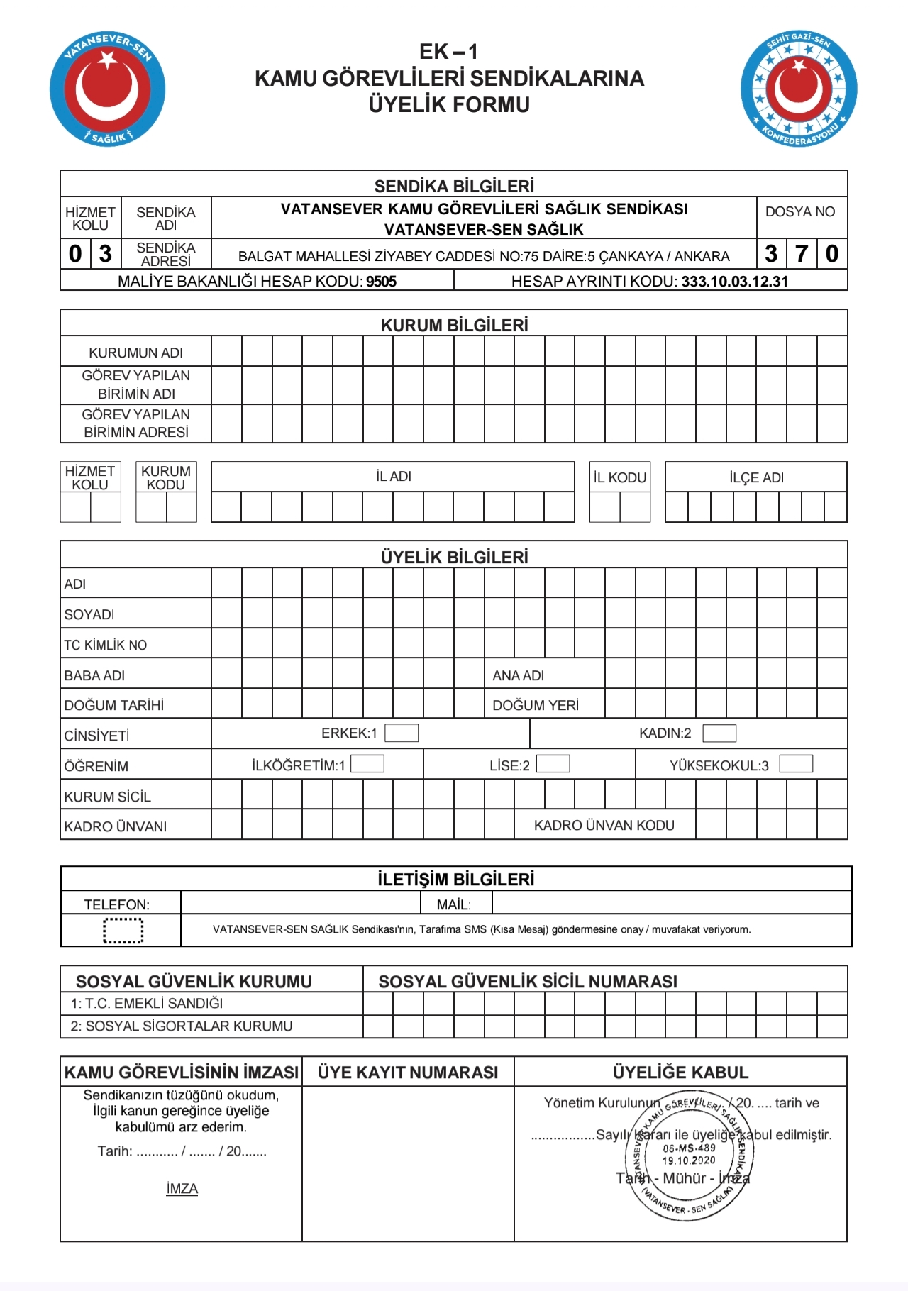 Vatansever-Sen Sağlık Üyelik Formu 