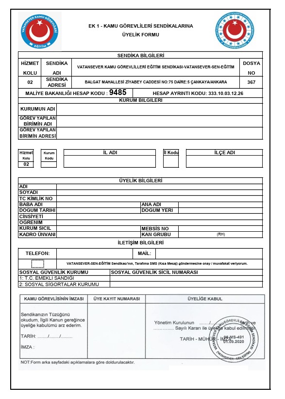 Vatansever-Sen Eğitim Üyelik Formu 